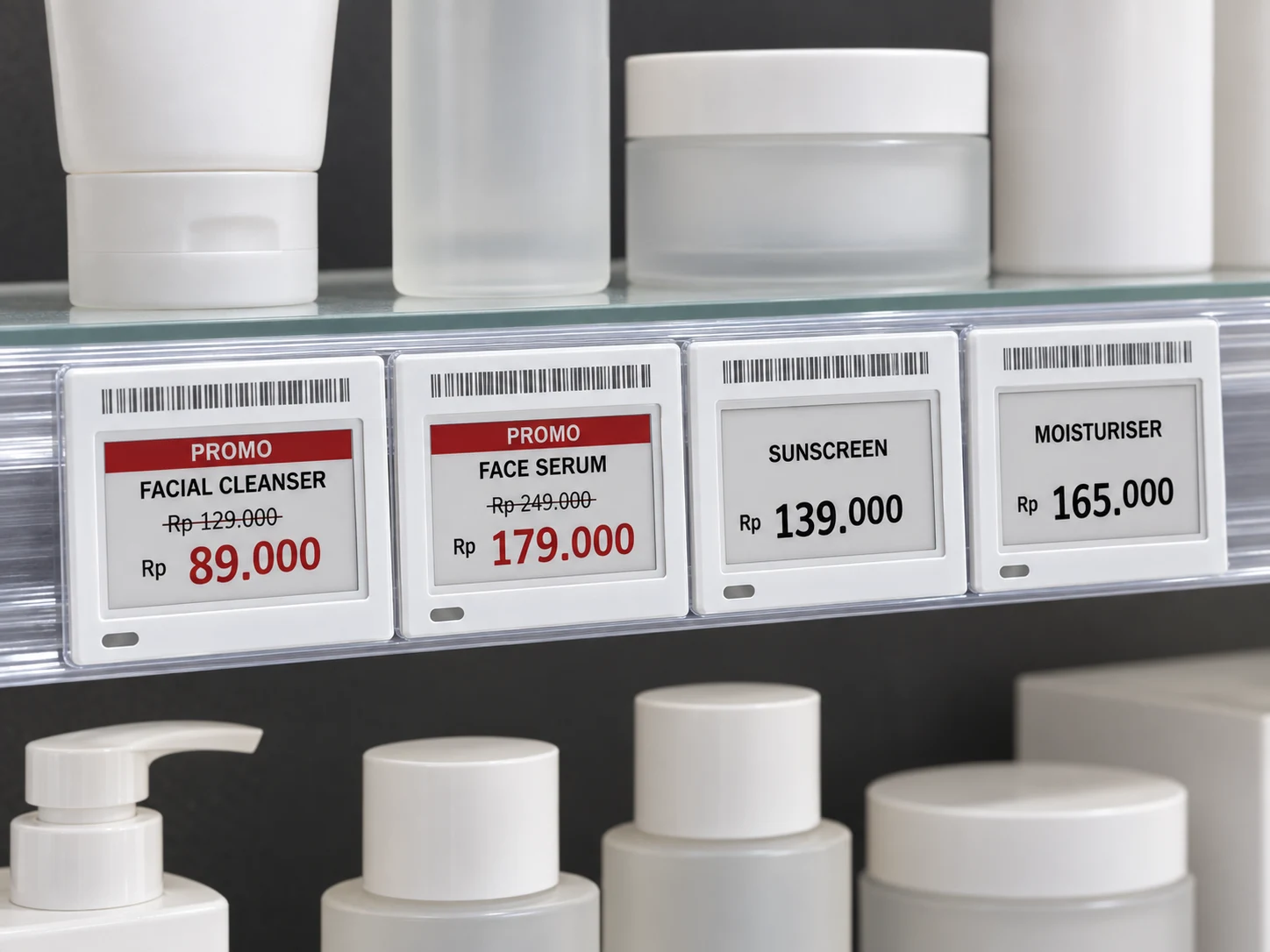 Four electronic shelf labels on a glass shelf edge among skincare bottles, two showing red promotional prices for facial cleanser and face serum.