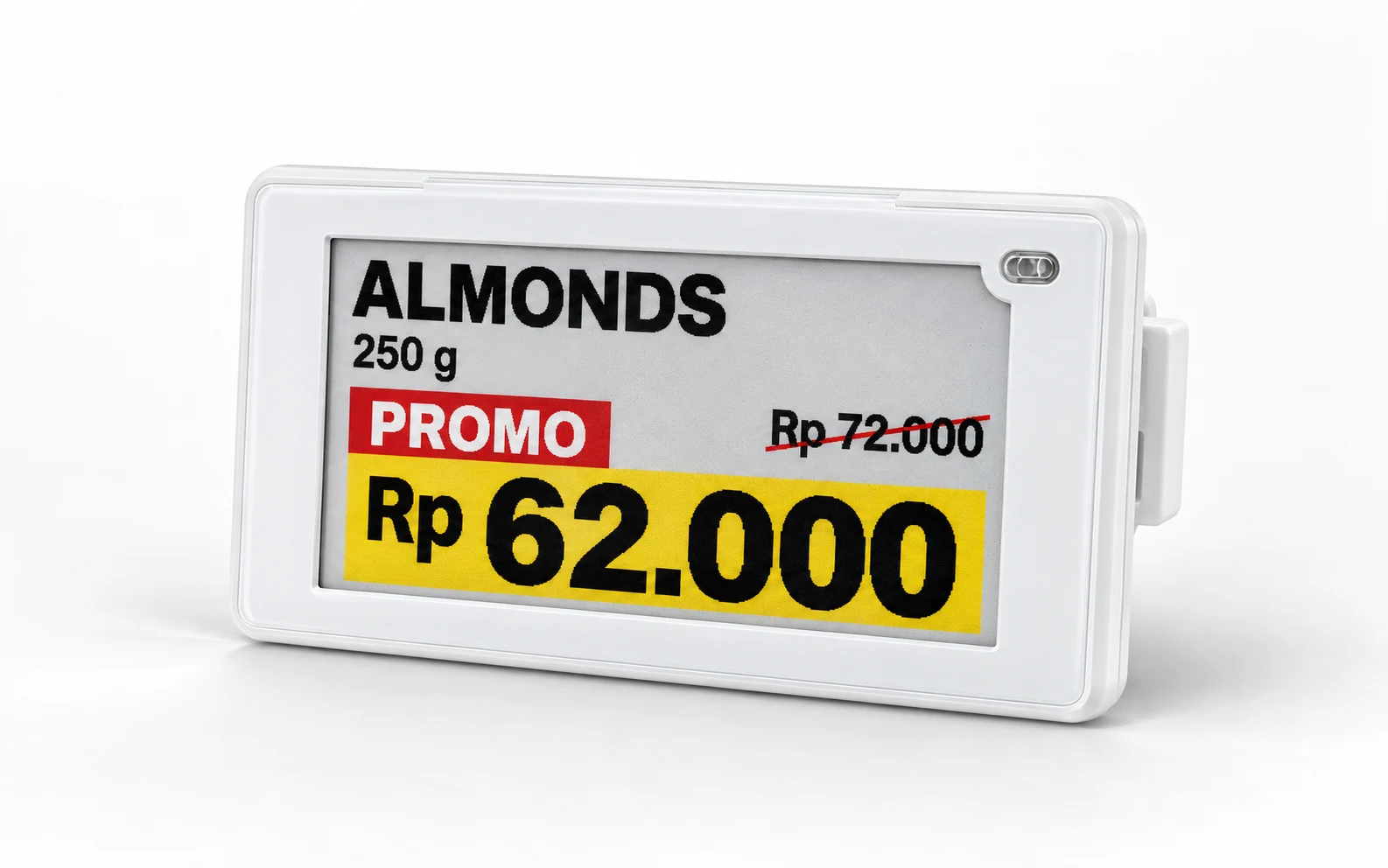 A white electronic shelf label shown at an angle; its e-paper display shows Almonds on promotion at Rp 62.000.