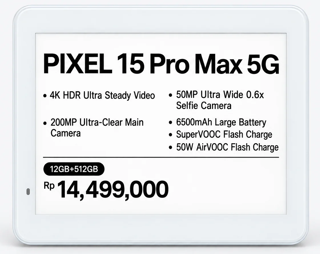 A larger white shelf label showing a phone model name, six specification bullets, a storage badge and the price Rp 14,499,000.